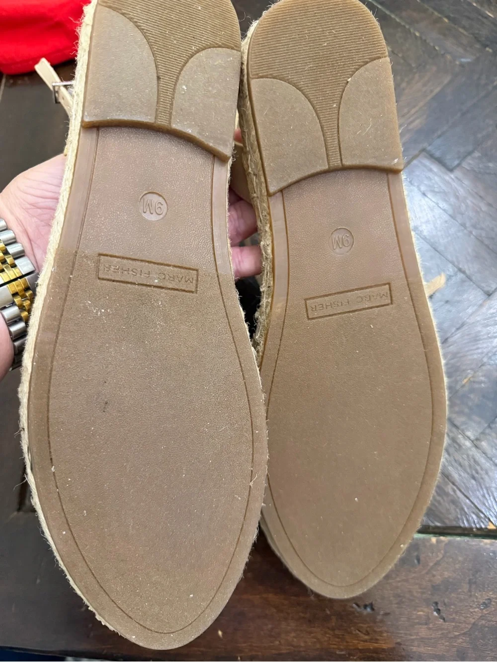 Marc Fisher Beige and Black Striped Espadrille Ankle-Strap Flat